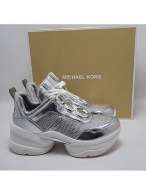 Michael Kors Olympia Extreme Trainer Sneakers Size 9M Crystal Metallic Silver